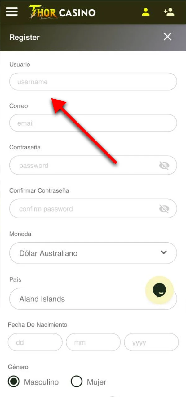  Completa el formulario con tus datos personales en el sitio oficial de Thor Casino.