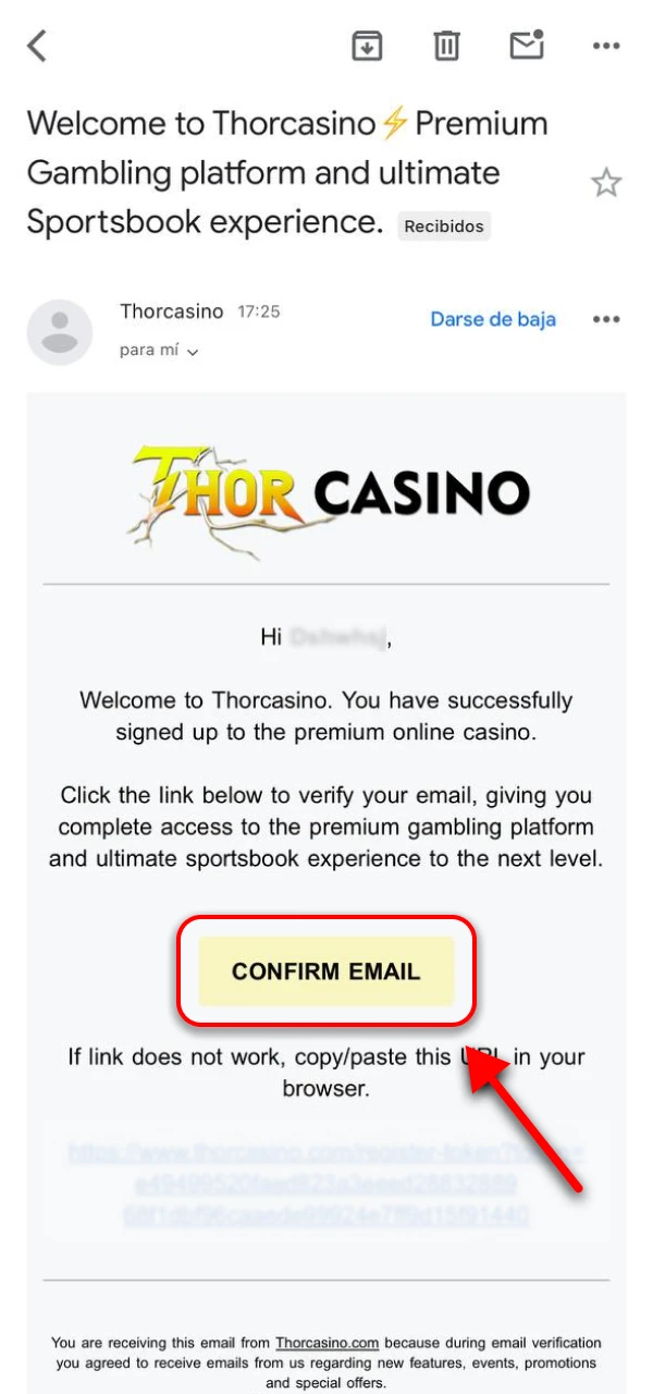 Verifica tu dirección de correo electrónico para activar tu cuenta en Thor Casino.
