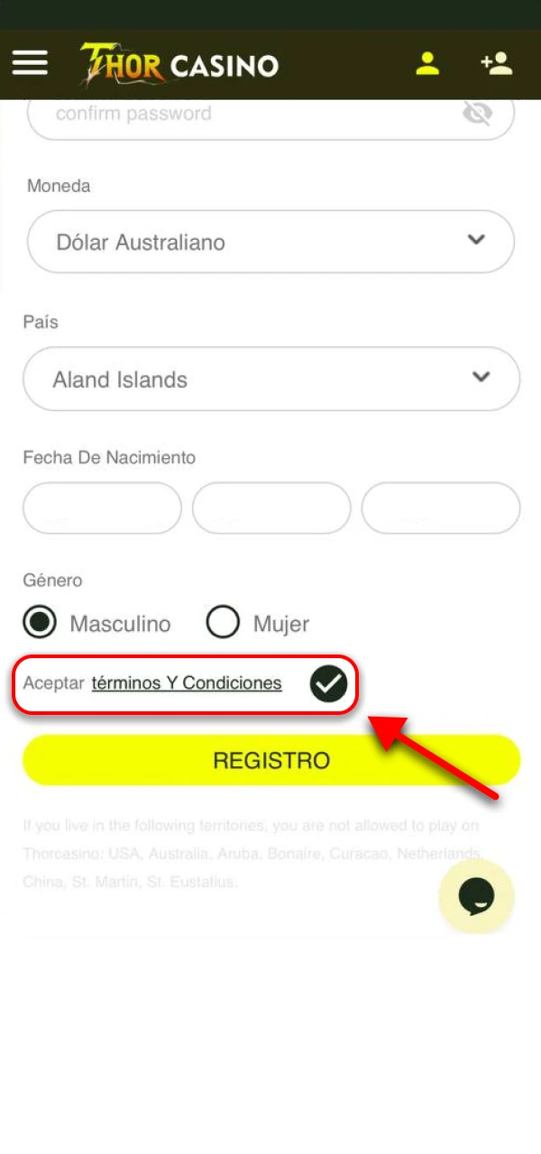 Confirma que aceptas las normas del sitio oficial de Thor Casino.