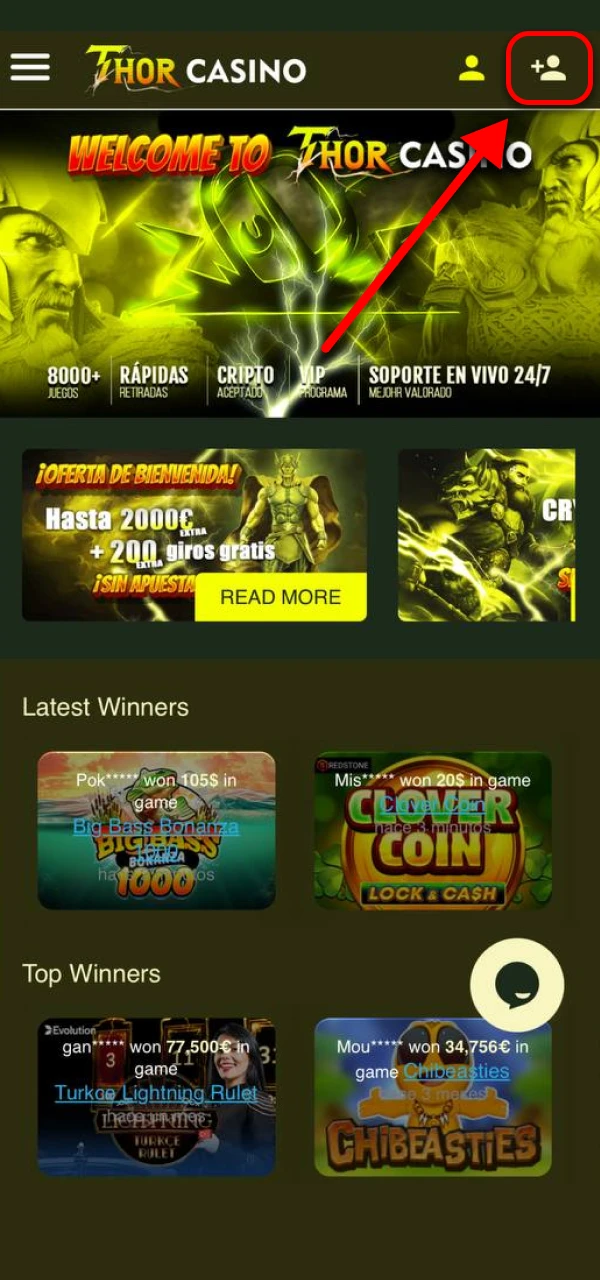 Haz clic en “Regístrate” para comenzar tu registro en Thor Casino.