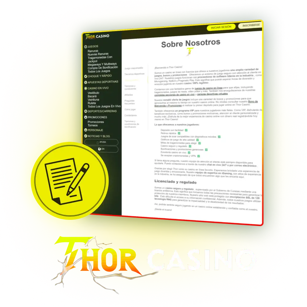 Lee los términos y condiciones del sitio oficial de Thor Casino.