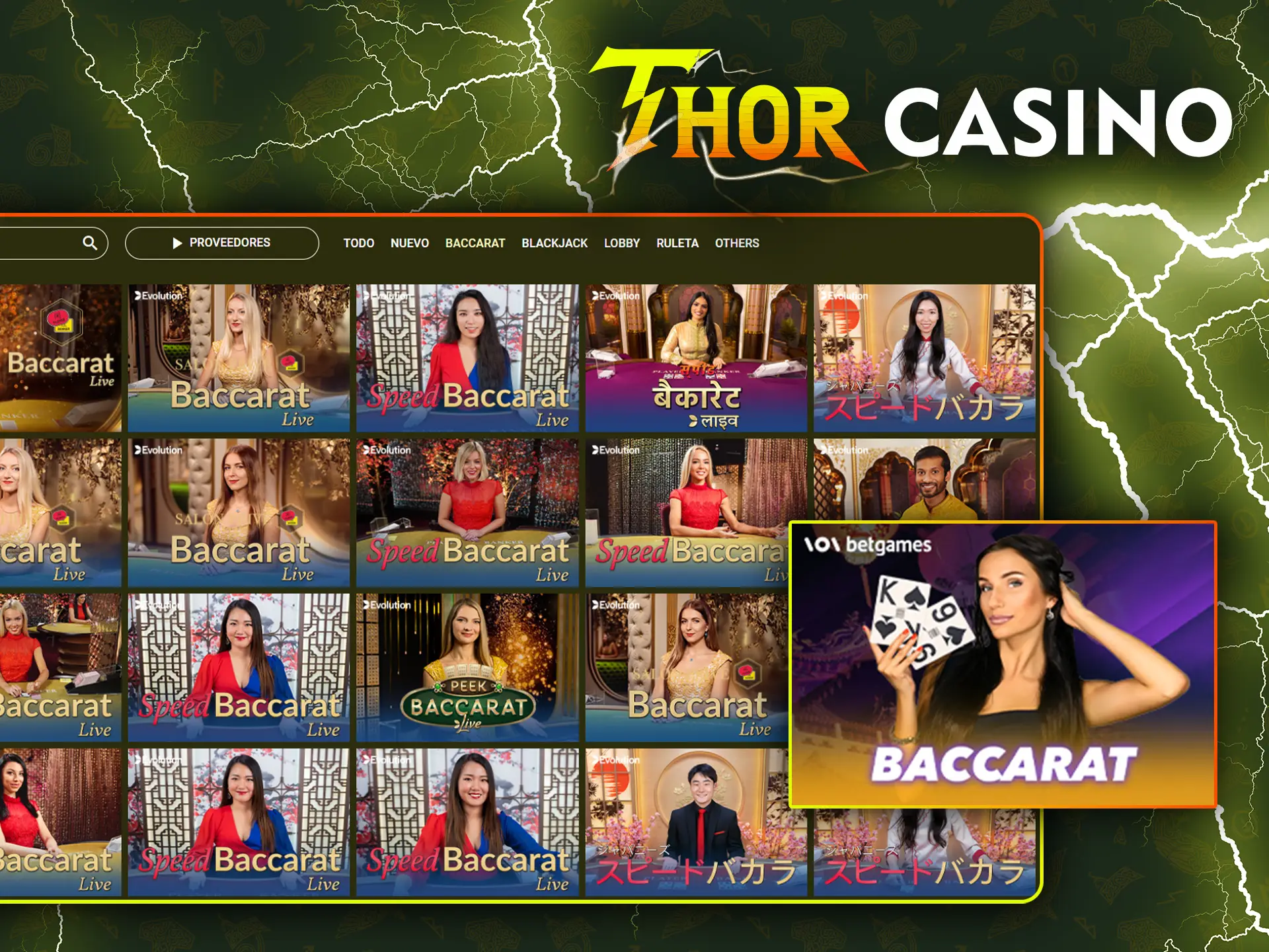 Haga sus apuestas en Baccarat con los crupieres en vivo de Thor Casino.