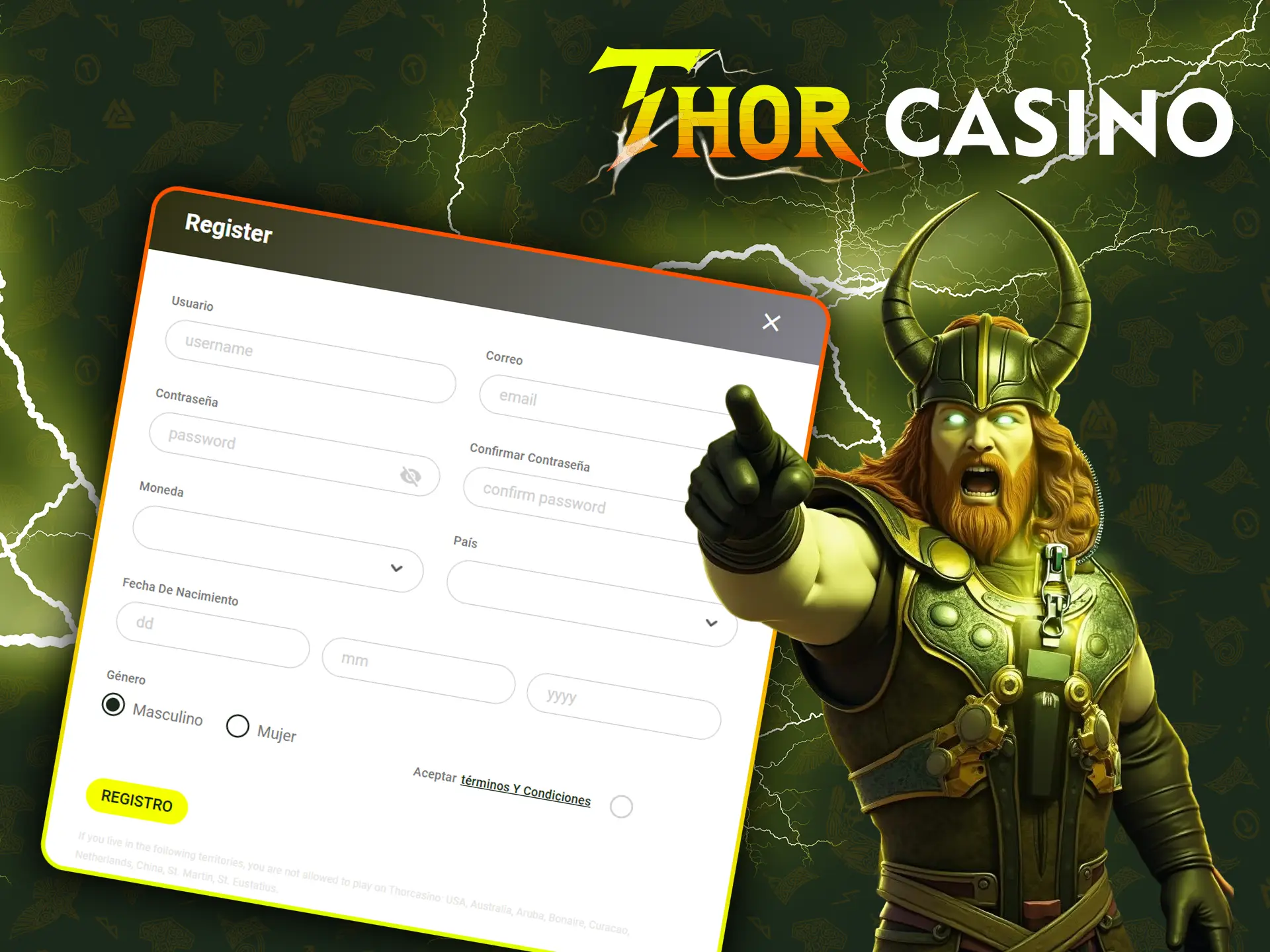 Rellene los campos obligatorios para registrarse en Thor Casino.
