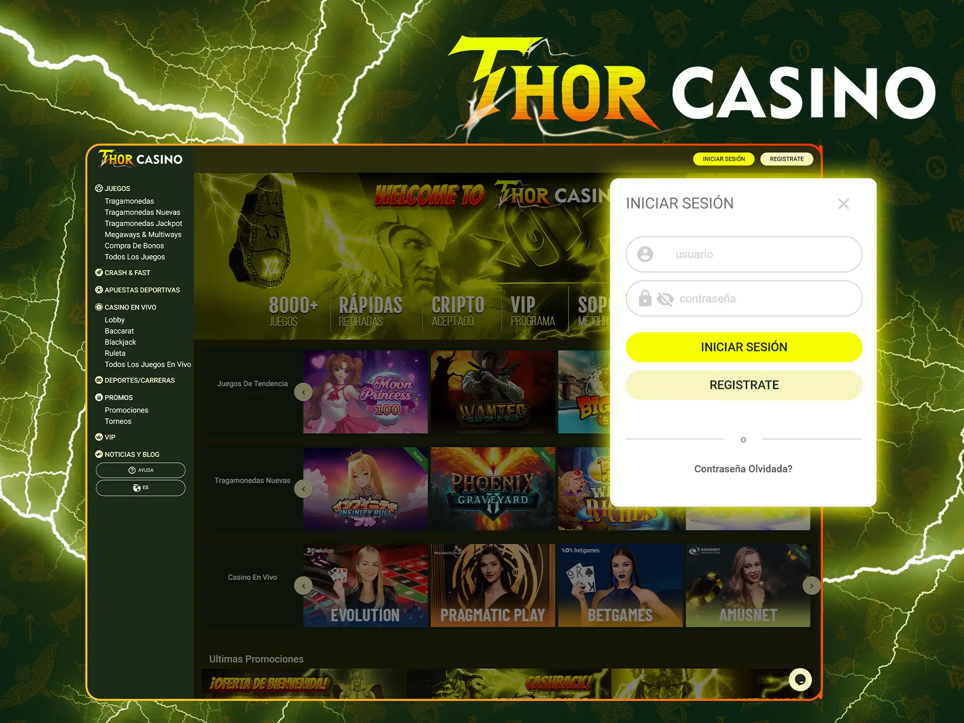 Introduzca su nombre de usuario y contraseña para acceder a su cuenta de Thor Casino.